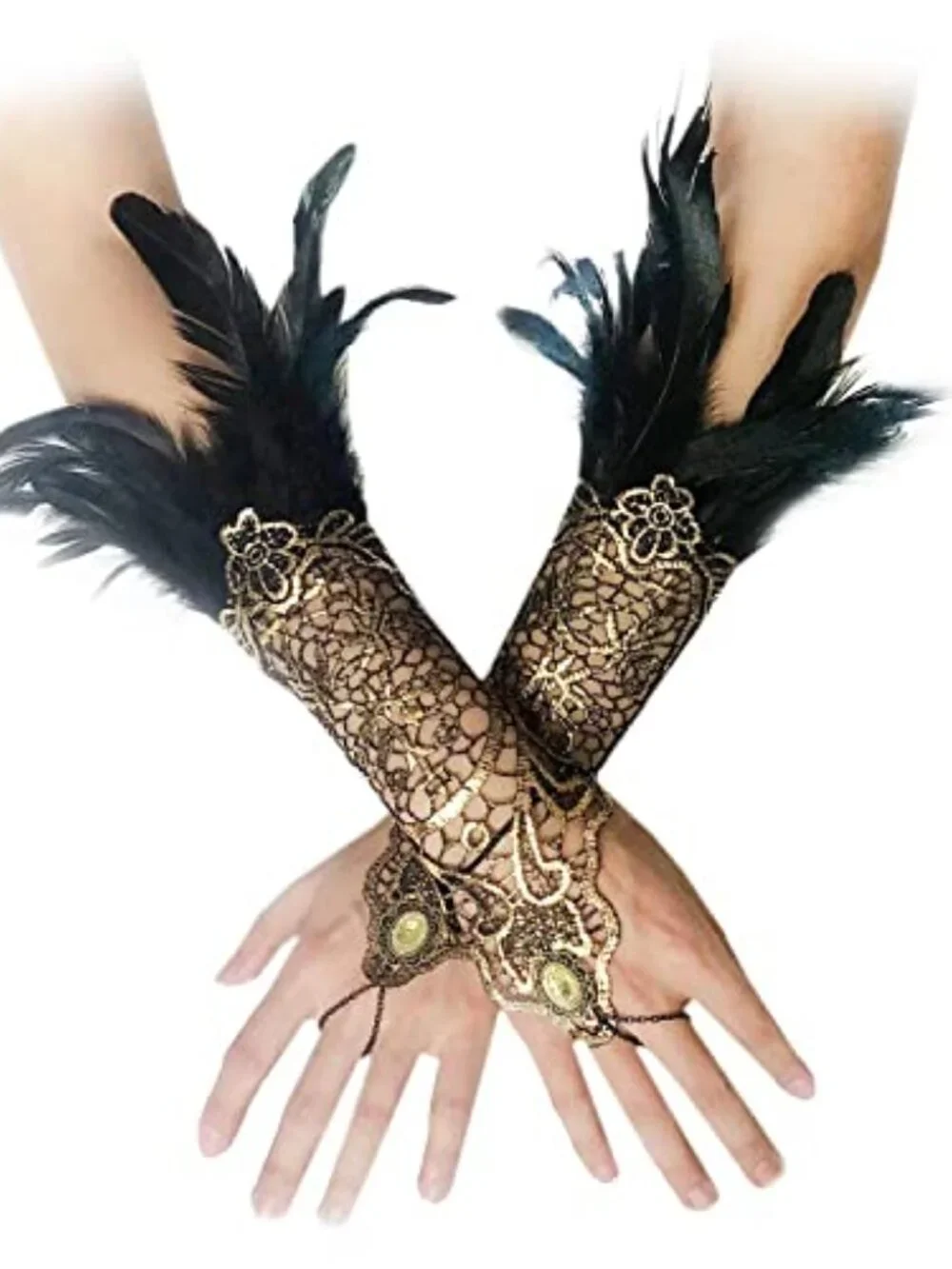 Women's Gothic Lace Feather Fingerless Gloves Wrist Cuffs Handmade